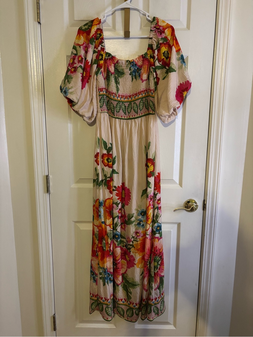 Boho Floral Cream Maxi Dress with Puff Sleeves
